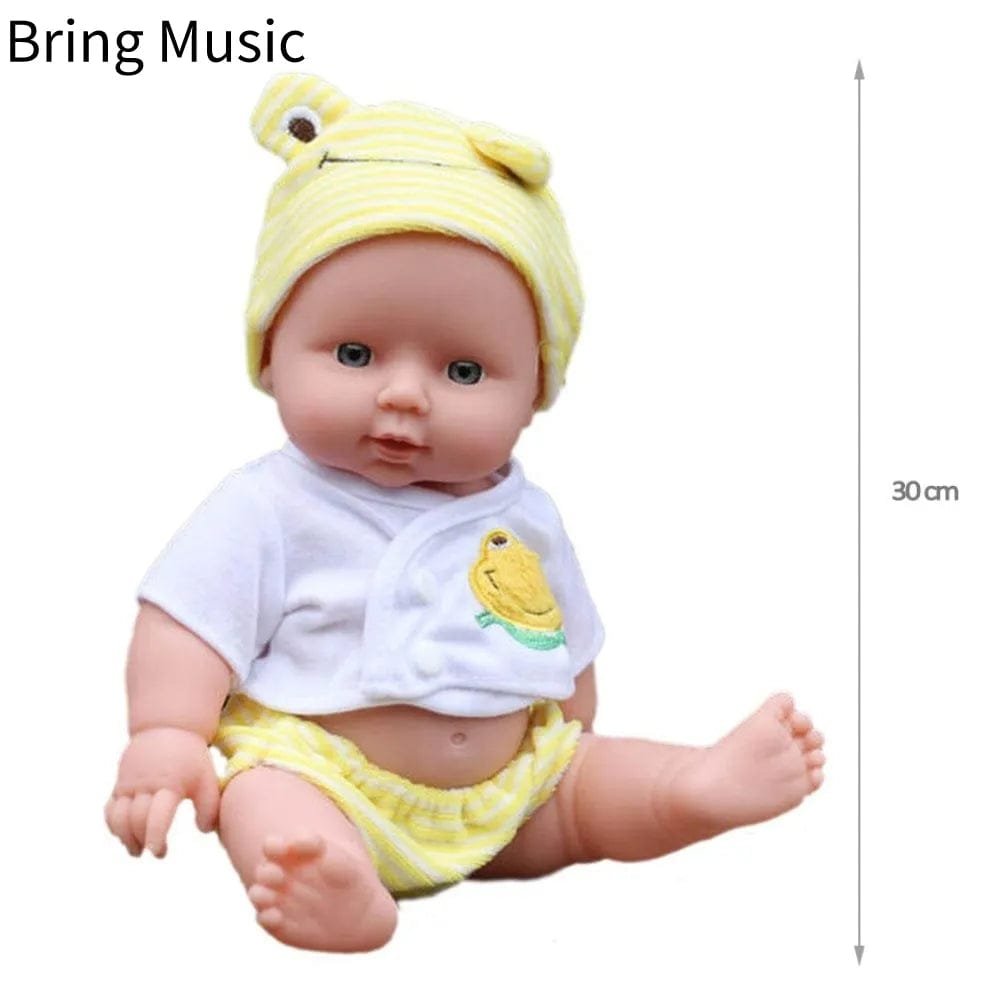 Realistic Reborn Baby Doll with soft body in a yellow frog design outfit for imaginative role play.