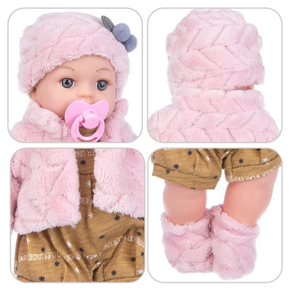 Reborn doll dress-up collage with hat, coat and boots for outfit changing play and doll styling.