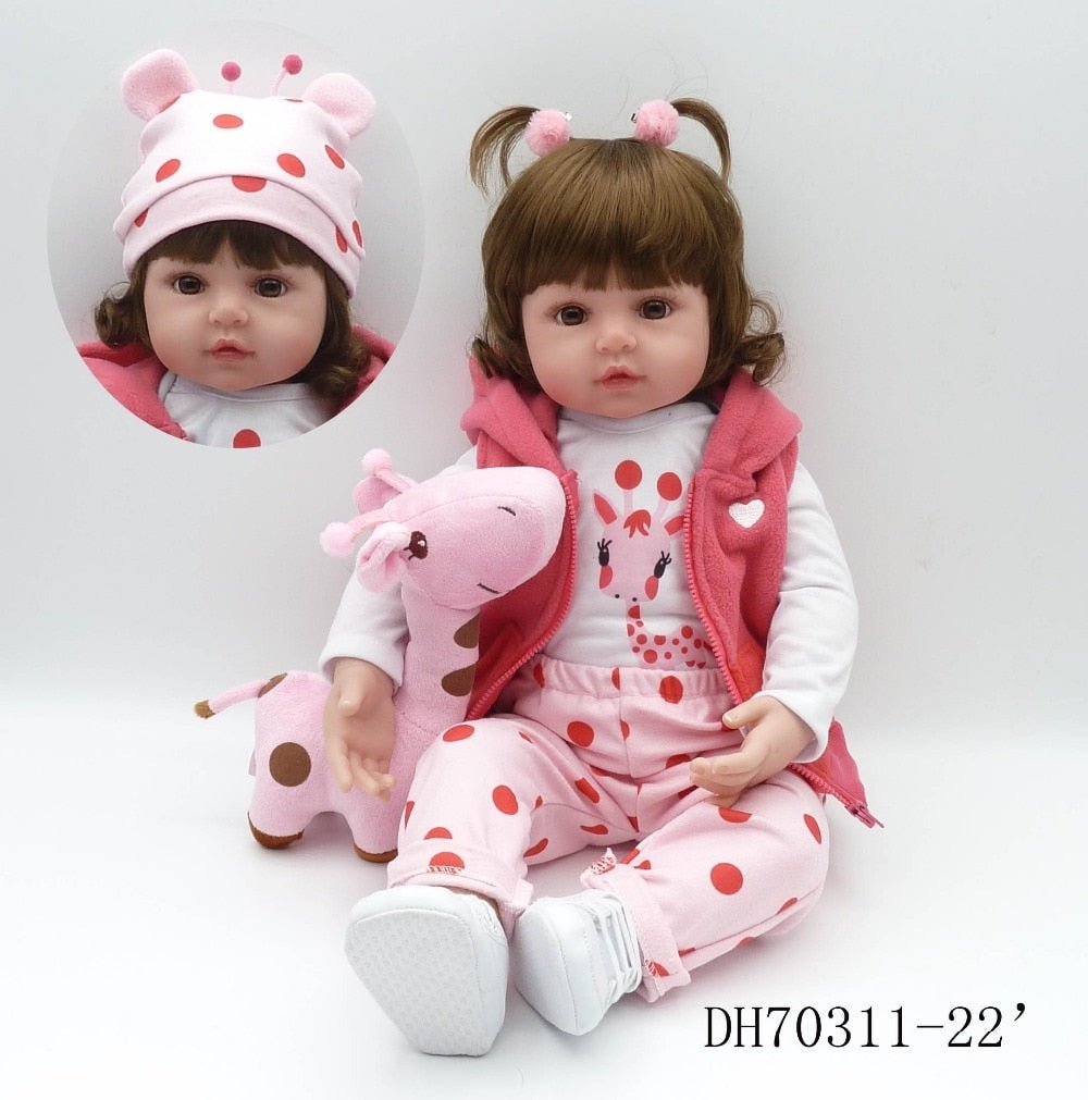 Child-sized doll in pink outfit with a plush toy