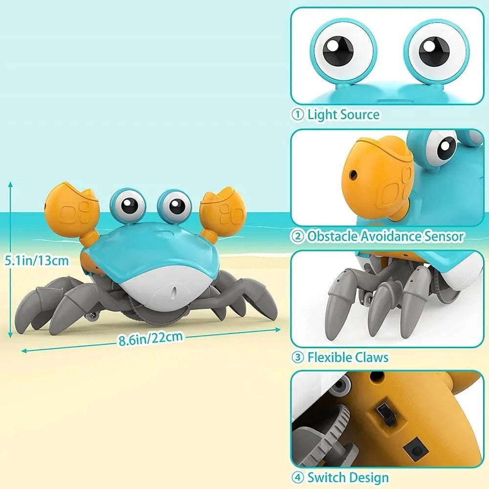 Rechargeable Crawling Crab Toy feature overview showing music and movement for motivating babies to crawl and explore.