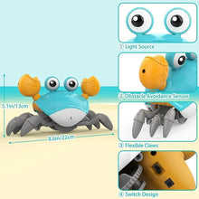 Rechargeable Crawling Crab Toy feature overview showing music and movement for motivating babies to crawl and explore.
