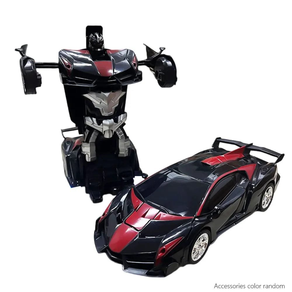 Rechargeable RC transforming car robot toy switching between car and robot modes for kids play.