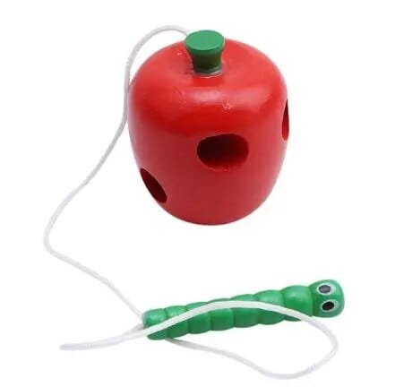 Red apple wooden puzzle toy with green handle, easy for babies to grip during early sensory exploration and play.