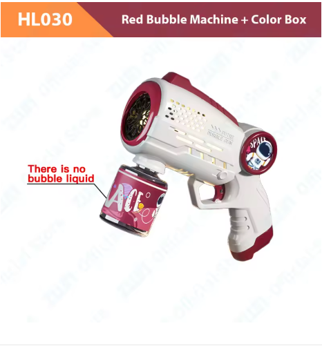 Red Astronaut Bubble Gun Machine with bubble solution can for quick refills during backyard and park playtime.