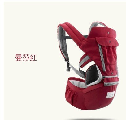All-in-one Baby Breathable Carrier Red carrier with parent back support design for extended wear.