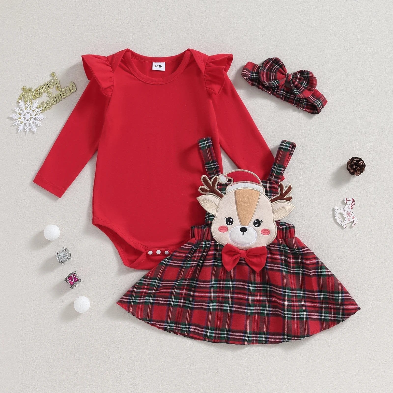 Red reindeer knit romper and plaid skirt Xmas outfit for 0-18 month babies at Christmas gatherings.
