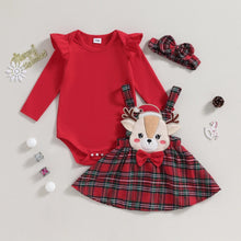 Red reindeer knit romper and plaid skirt Xmas outfit for 0-18 month babies at Christmas gatherings.