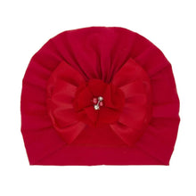 Shiny Rhinestone Bowknot Baby Turban in red with large flower detail for festive holiday dressing.