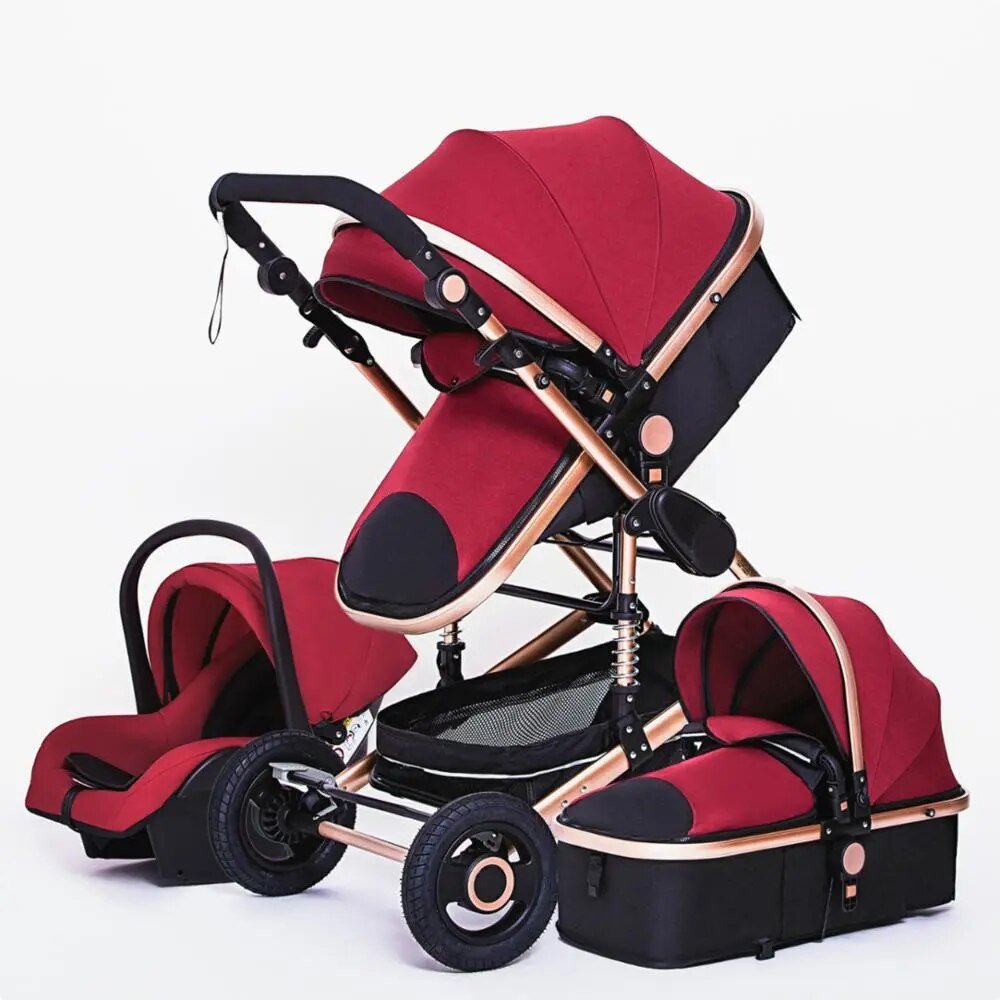 Red and black 3-in-1 baby stroller with two car seats for twins or siblings on the go.