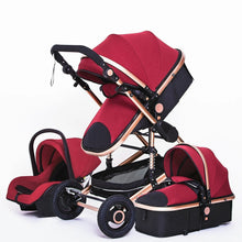 Red and black 3-in-1 portable baby stroller pram for luxury travel outings.