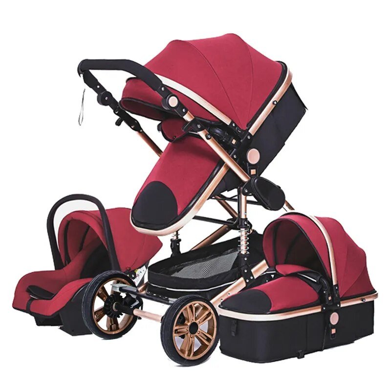 Red and black 3-in-1 baby stroller featuring an adjustable handle for parent comfort.