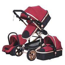 Red and black 3-in-1 baby stroller with a suspension system for smooth rides.