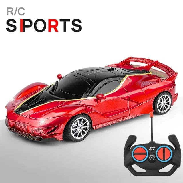 Red RC sports car with black roof and LED lights for drift racing and outdoor play.
