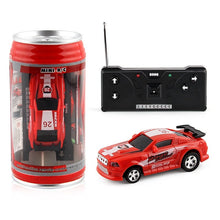 Red Coke Can Mini RC Car with radio remote controller and can-shaped packaging for indoor racing fun and kids gifting.