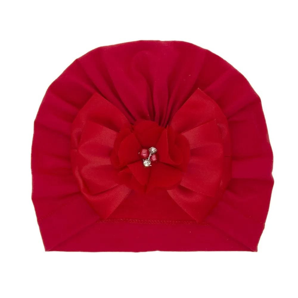 Red flower baby turban cap for festive dressing, holiday photos, and eye-catching special occasion outfits.