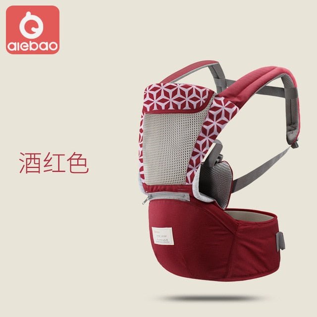 All-in-one Baby Breathable Carrier Red geometric print with cushioned waist belt for back support.