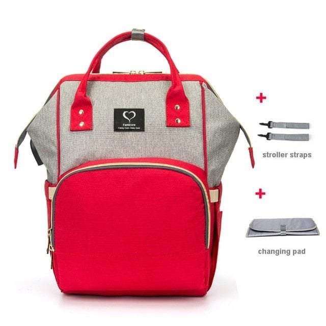 Red and grey USB Large Capacity Nappy Bag with stroller straps for easy pram attachment on everyday baby walks.
