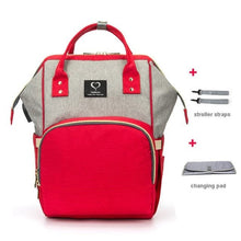 Red and grey USB Large Capacity Nappy Bag with stroller straps for easy pram attachment on everyday baby walks.