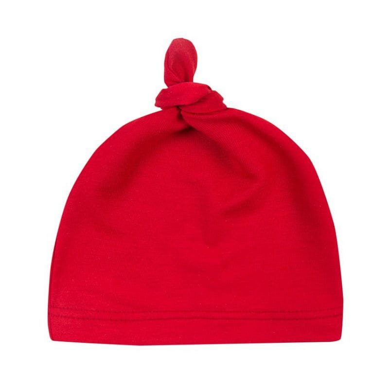 Red newborn cotton knot beanie sleep cap for keeping baby heads warm during naps and hospital days.