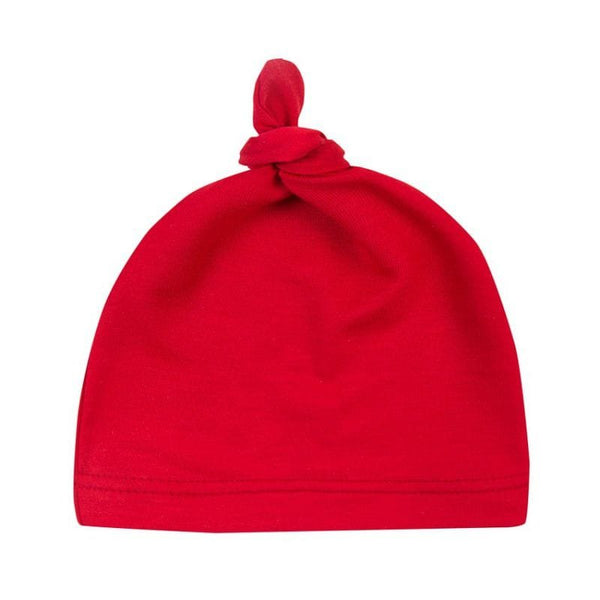 Red newborn cotton knot beanie sleep cap for keeping baby heads warm during naps and hospital days.