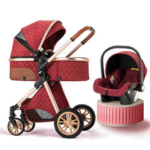 Red quilted 3-in-1 baby stroller with bassinet mode for newborn naps and travel.
