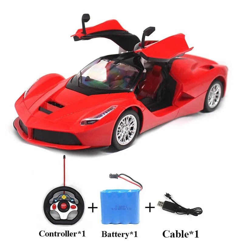 Red RC car with controller, battery and charging cable, a complete gift kit for birthdays and family play.
