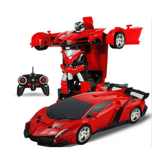 Red RC car transformation robot 2-in-1 toy transforming from car to robot with remote control play.