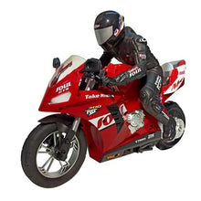 Red HC-802 RC motorcycle toy with a rider in black racing gear for stunt play.