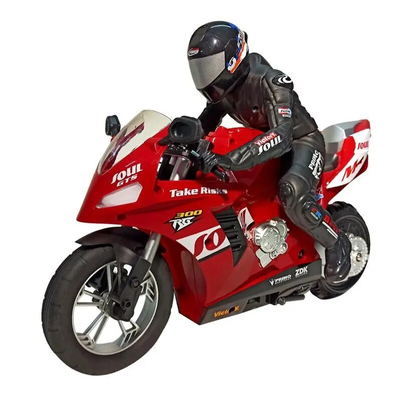 Red HC-802 RC motorcycle toy with a rider in black racing gear for stunt play.