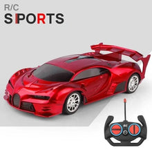 Red RC sports car model with remote and LED lights for drift racing and evening play.