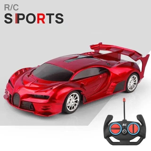 Red RC sports car model with remote and LED lights for drift racing and evening play.