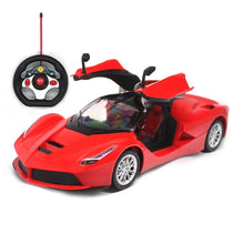 Red RC sports car with opening doors and remote control set for kids to explore and race around the home.