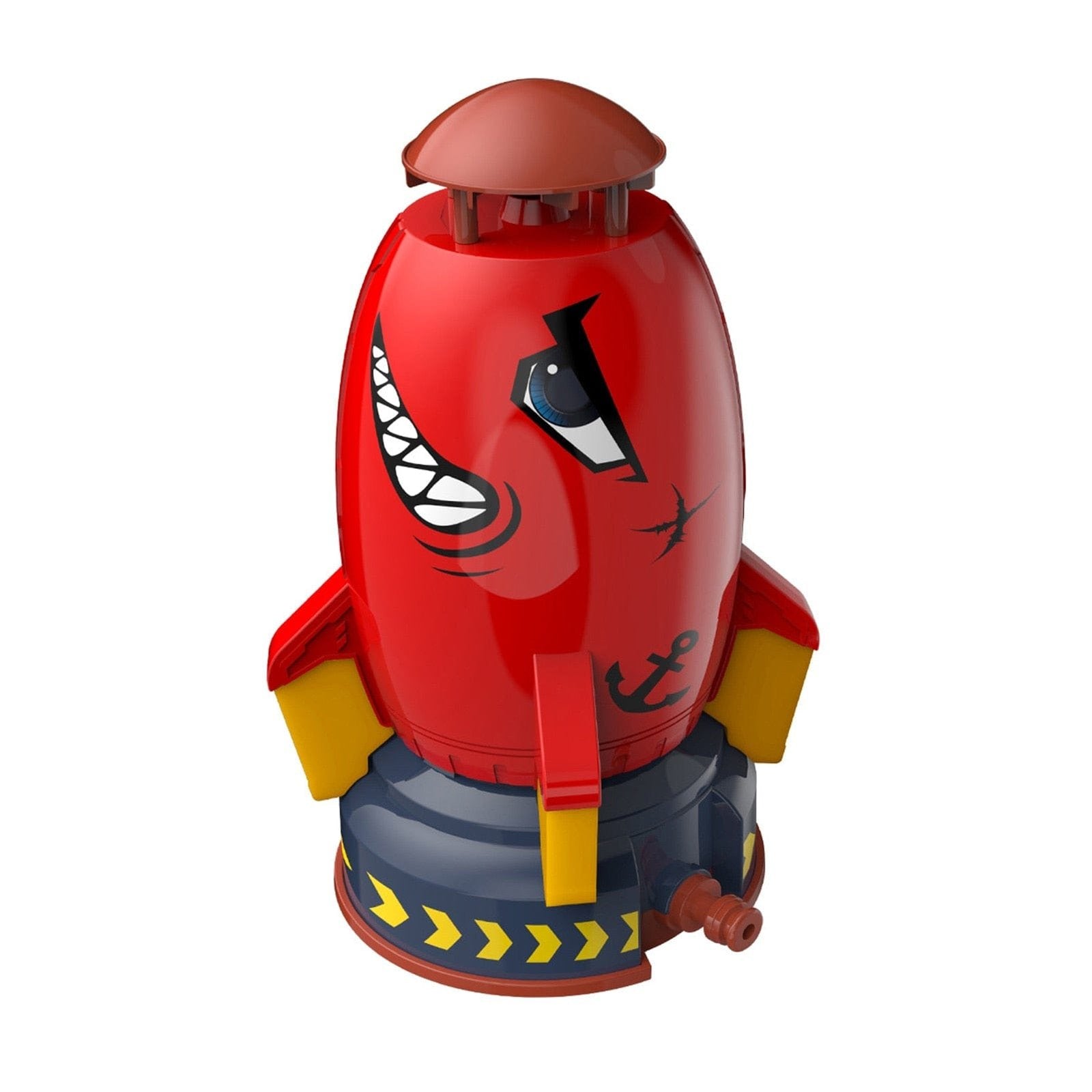 Close-up of the smiling red rocket water toy, a friendly design for toddler outdoor splash play.