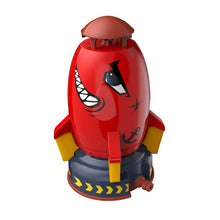 Close-up of the smiling red rocket water toy, a friendly design for toddler outdoor splash play.