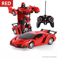 Red transforming robot RC car fast-drive toy for kids remote-controlled racing play.