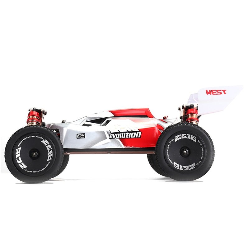 Red and white 4WD RC crawler drift car side view built for 60km/h high-speed racing.