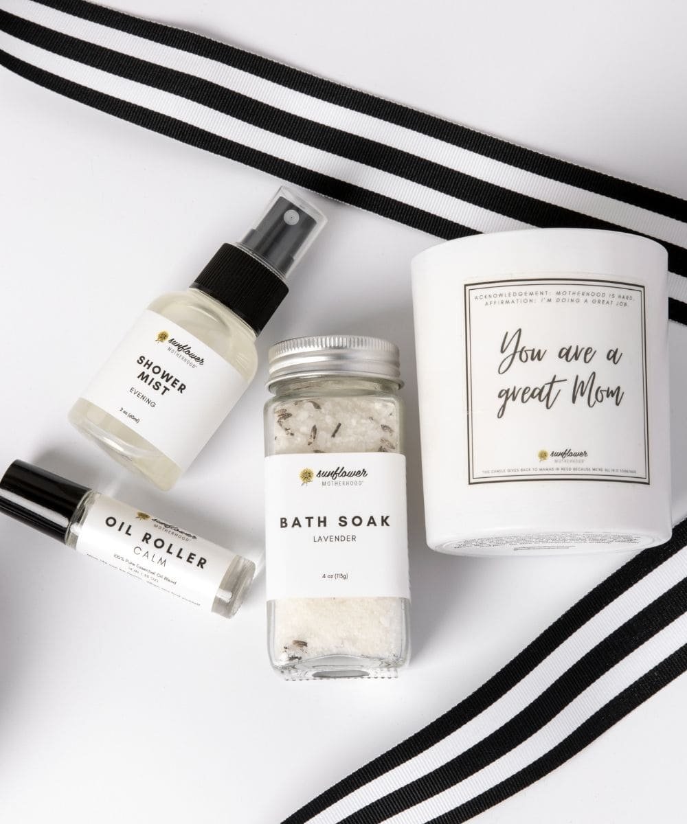 Relax and Unwind Bundle with candle, bath soak, and oil roller for evening self care routines and thoughtful gifting.