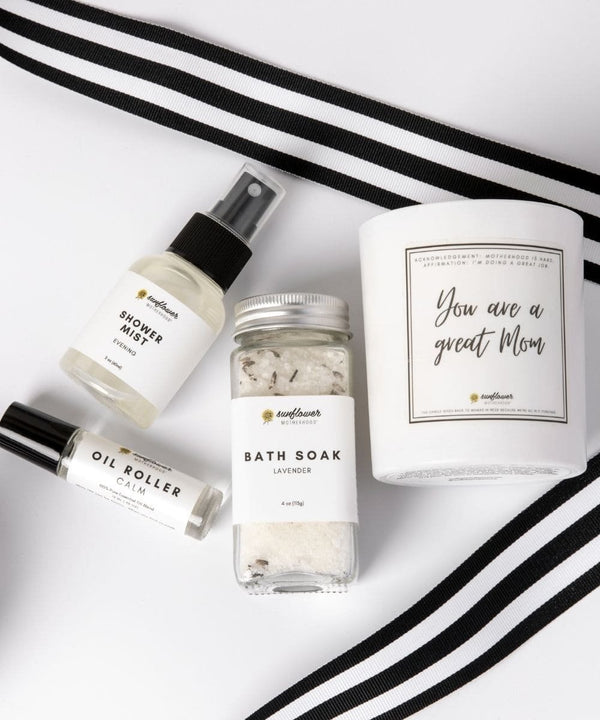 Relax and Unwind Bundle with candle, bath soak, and oil roller for evening self care routines and thoughtful gifting.