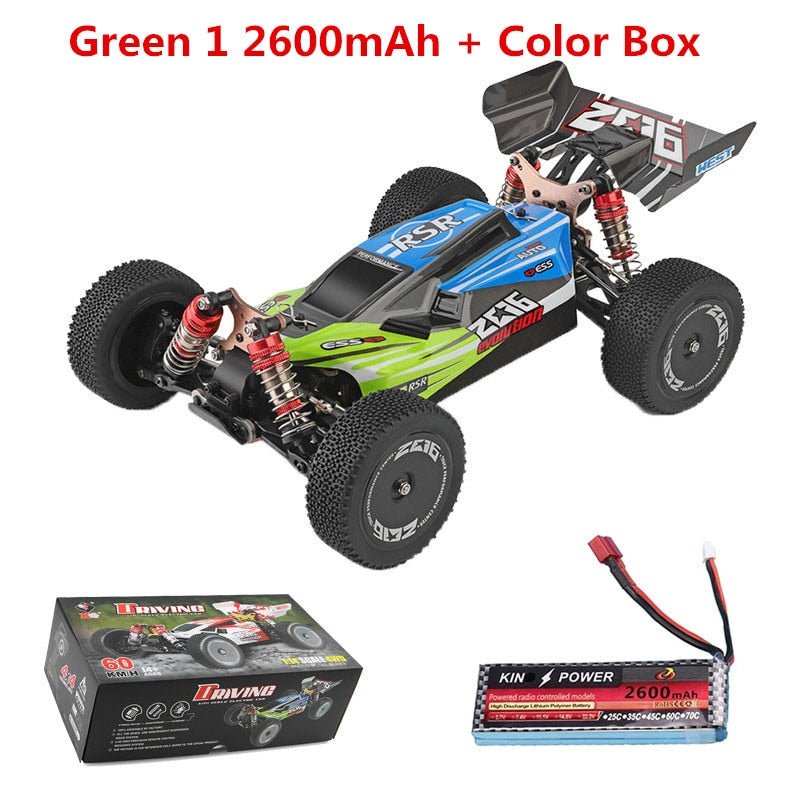 Remote control RC crawler drift car with battery and box ready for outdoor track play.