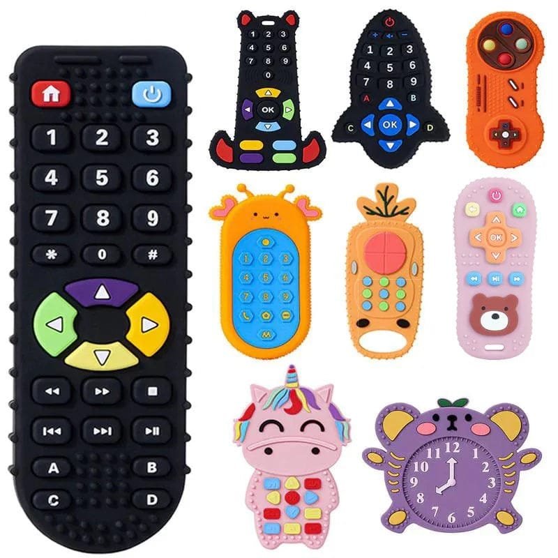 Remote control shape baby teethers in a full colour collection for gum relief, teething comfort, and sensory play.