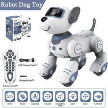 Robot dog toy with remote control, USB cable, screwdriver, and packaging.