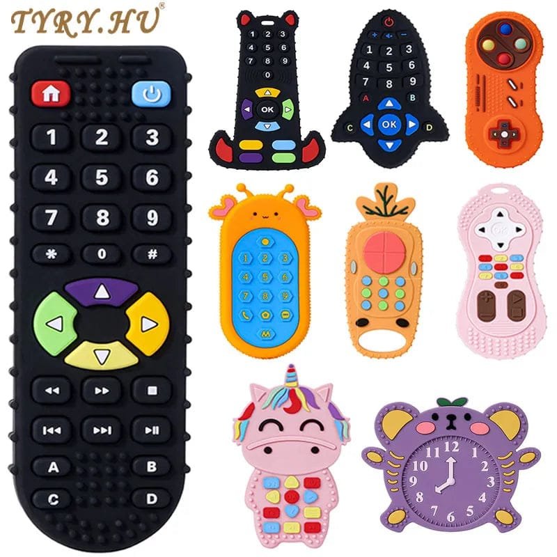 Remote control teether toy colour range grouped together for teething comfort, sensory play, and baby shower gifting.