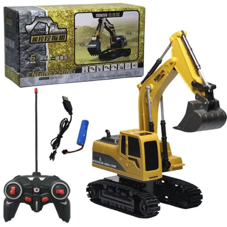 Toy excavator with remote control and packaging.