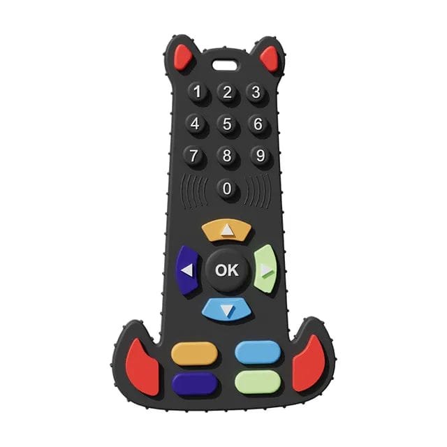 Remote-inspired baby teether with textured buttons for gum massage, chewing, and sensory play.