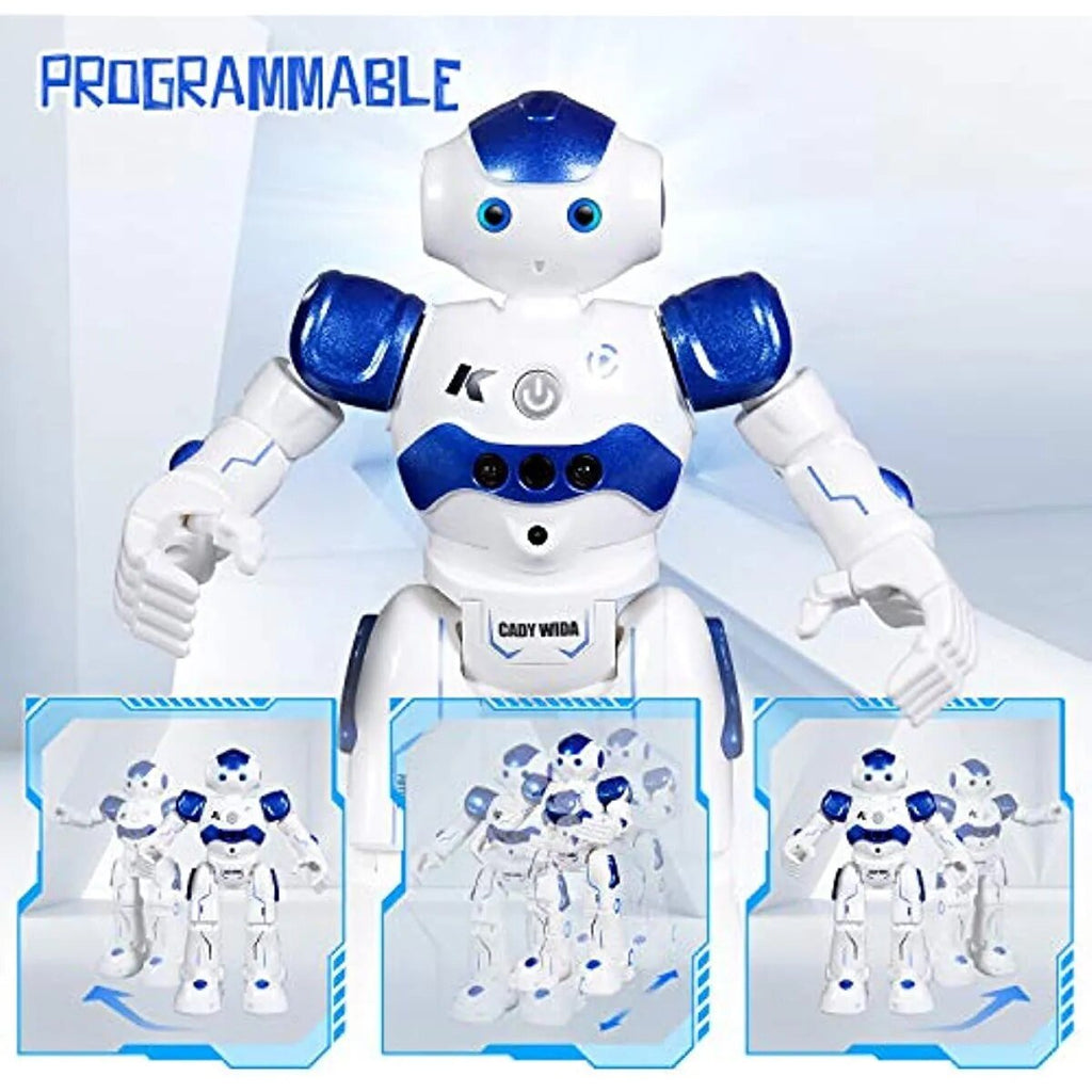 Smart gesture control robot toy with remote for kids labeled with its programmable features.