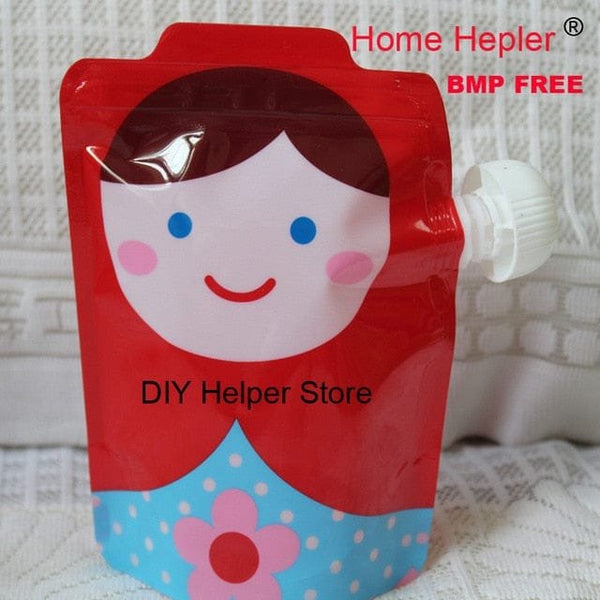 Reusable cute squeeze feeding pouch pack with zip lock for storing homemade baby puree, snacks, and on-the-go feeding.