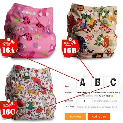 Reusable cloth pocket diaper with wetness barrier shown for overnight and daytime reusable diapering for babies.