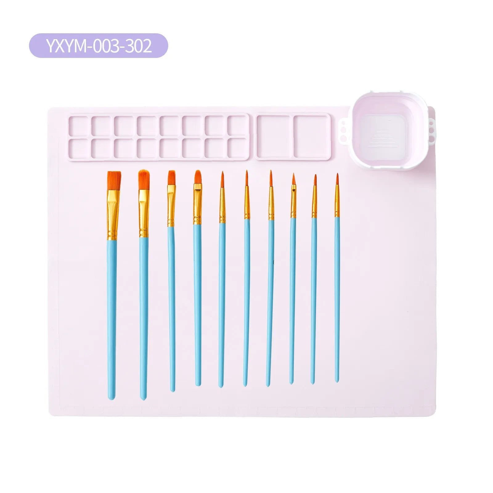 Set of paintbrushes with blue handles on a white tray.