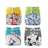 Four colorful baby diapers with different patterns 