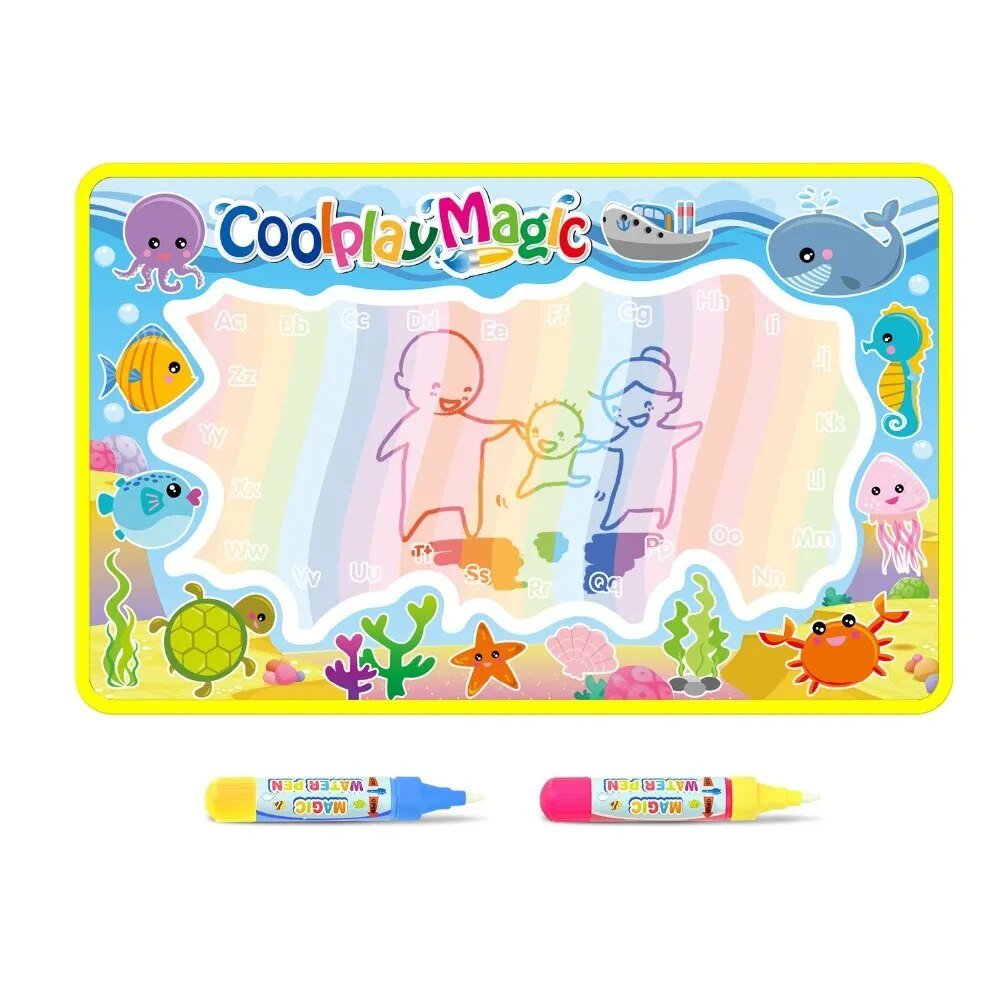 Coolplay reusable water drawing mat flat lay with ocean illustrations and two magic pens.